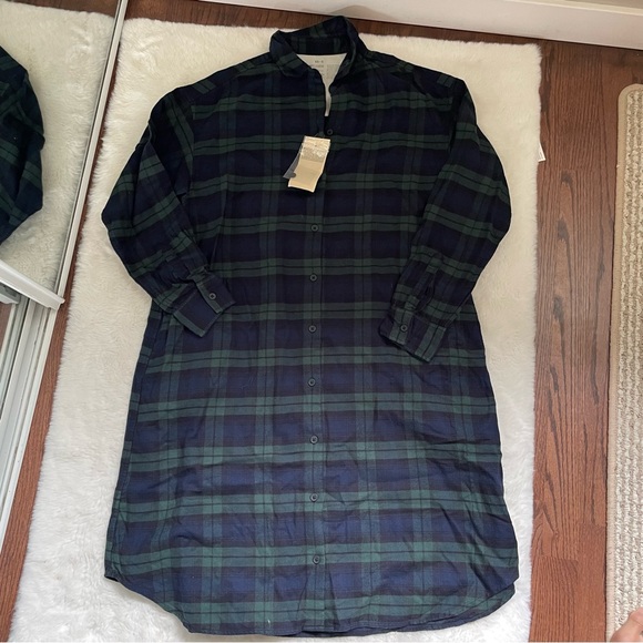 Muji Dresses & Skirts - MUJI Long Sleeve Button Down Dress Plaid Organic Cotton Flannel Dark Green